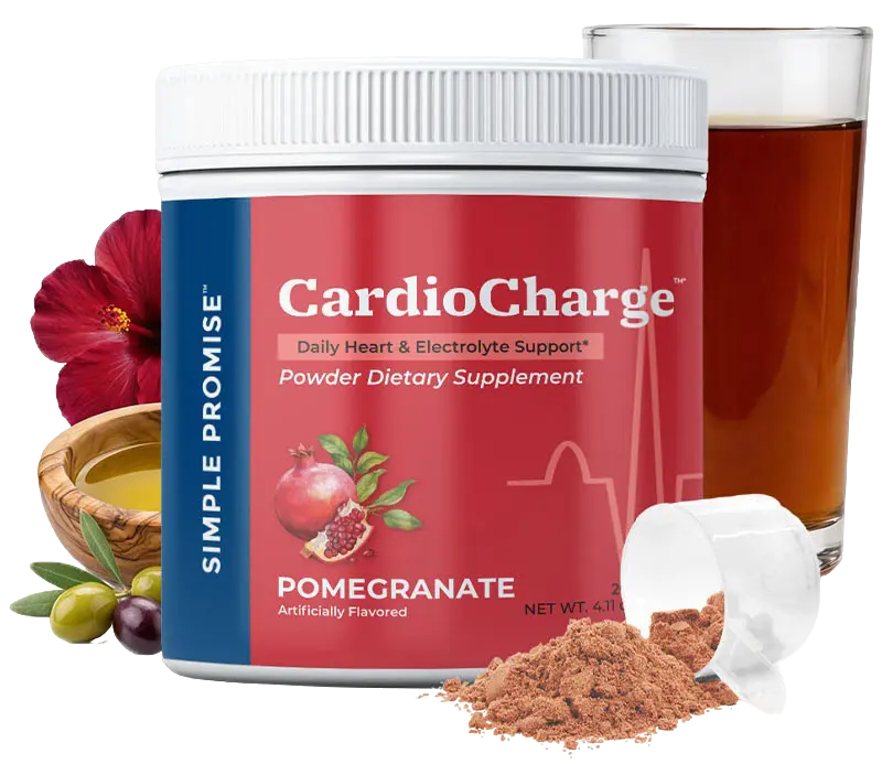 CardioCharge pomegranate drink mix with a prepared glass